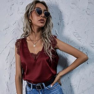 Eyelash lace trim satin top